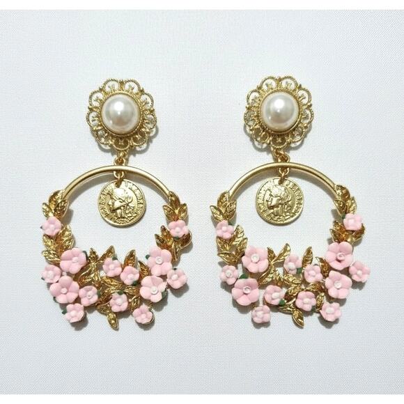 Mia Collection Gold Tone Pearl Pink Rose Dangling Coin Disc Chandelier Earrings - Picture 1 of 5